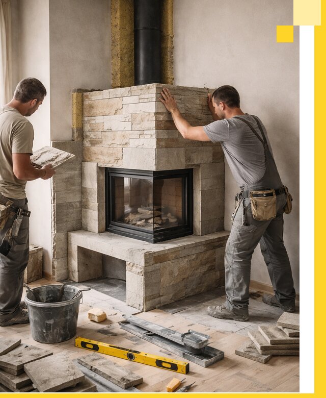 Угловые камины под ключ проект, монтаж и отделка в Мегионе